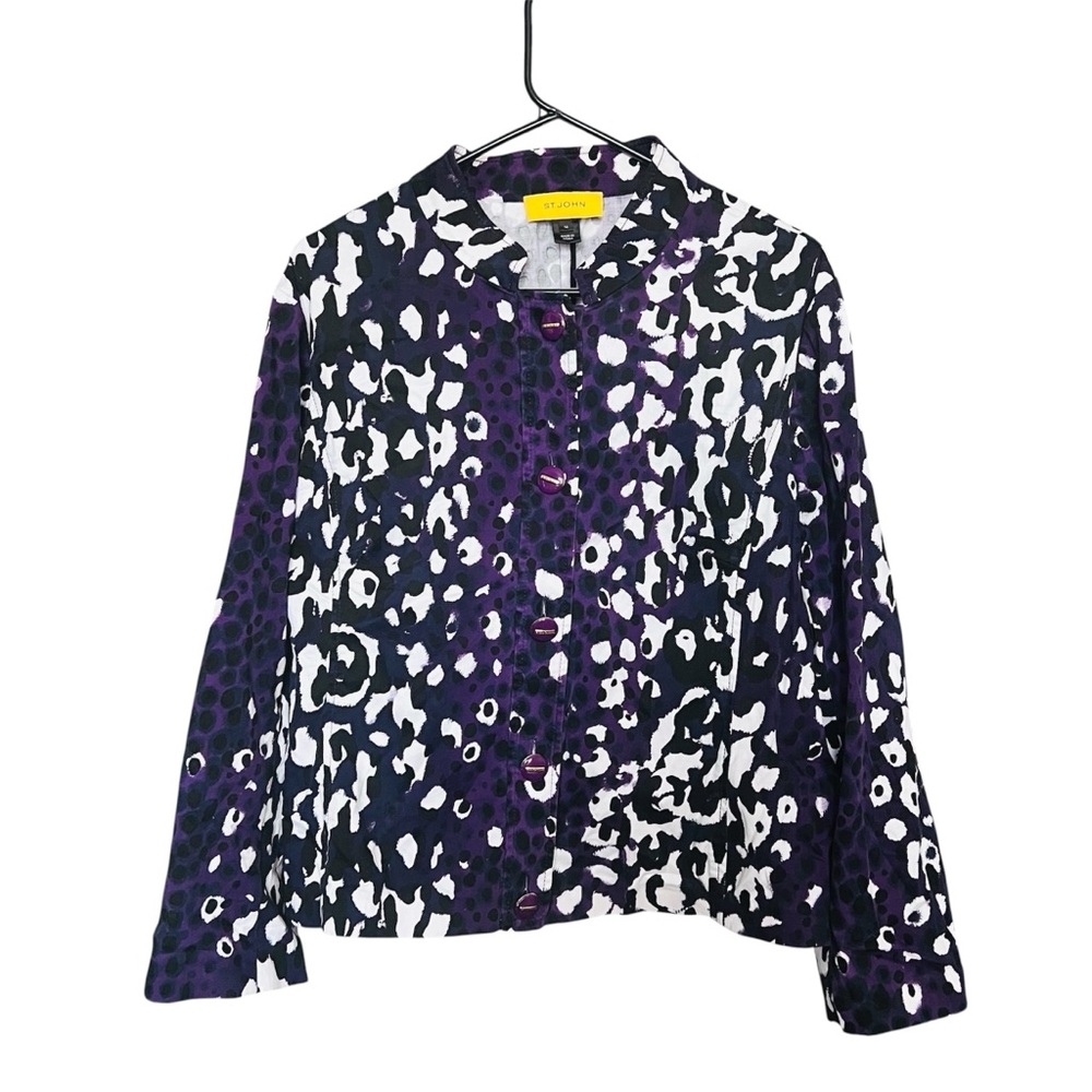 St. John Leopard Print Jacket SZ 16 Purple/White Classic Casual Cotton Button Up - Picture 2 of 15